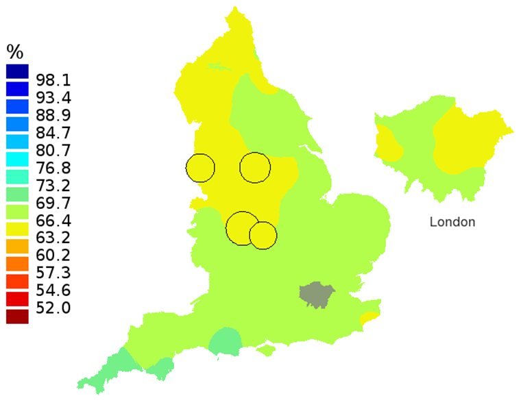 Figure 2A: Smoothed maps of the one-year survival index (%) for all cancers combined in 211 Clinical Commissioning Groups: England, 1997, patients aged 55-64 years