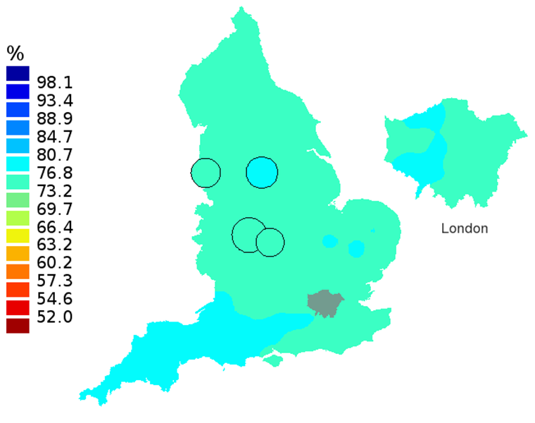 Figure 2D: Smoothed maps of the one-year survival index (%) for all cancers combined in 211 Clinical Commissioning Groups: England, 2012, patients aged 55-64 years