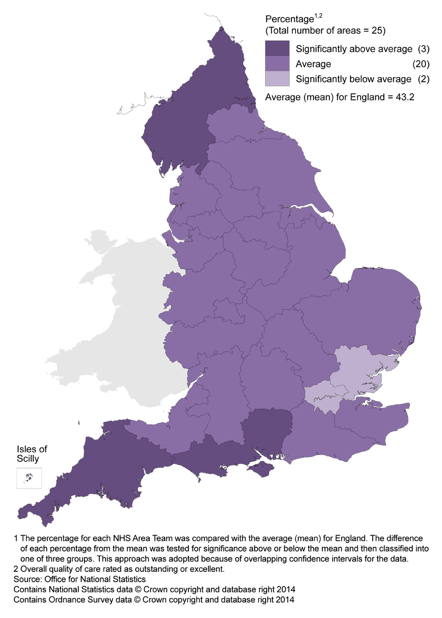 Map 1: NHS Area Teams performing above or below national average on overall quality of care, England, 2011-2012