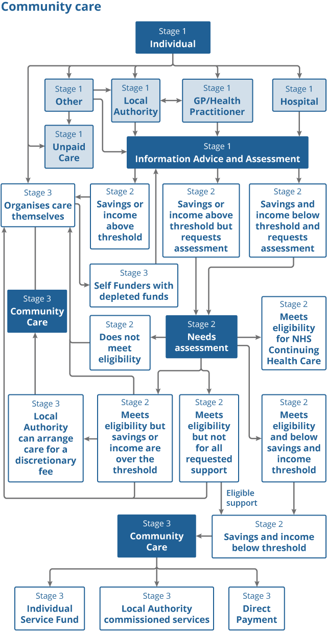 Flow diagram detailing the multiple funding and access routes for adult community care in England. Includes how their eligibility and needs assessment affects their route into care and how it is funded.