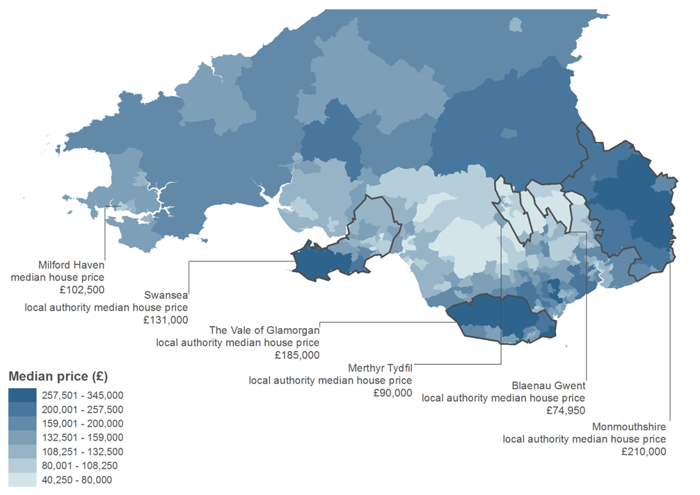 Map 3: Median house price for all dwelling types by MSOA, South Wales