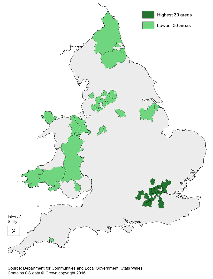 Higher social rent costs are found in London, lower social rent costs are spread across Wales, Midlands and the North