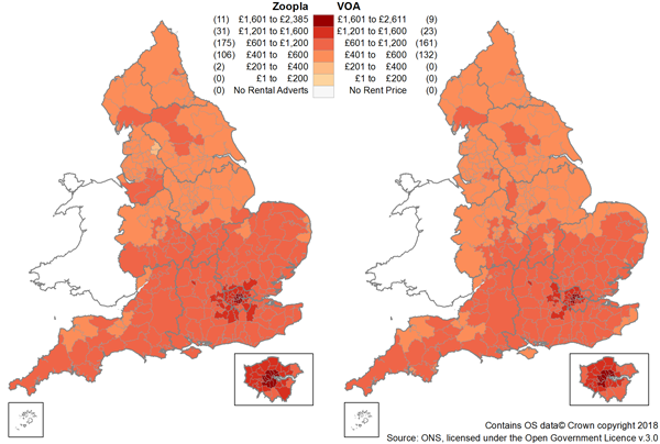 There was a similar geographic pattern of the rent prices in the Zoopla and VOA data.