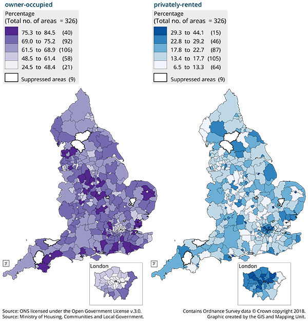 Local authorities with the highest percentages of owner occupied dwellings are spread across England.
