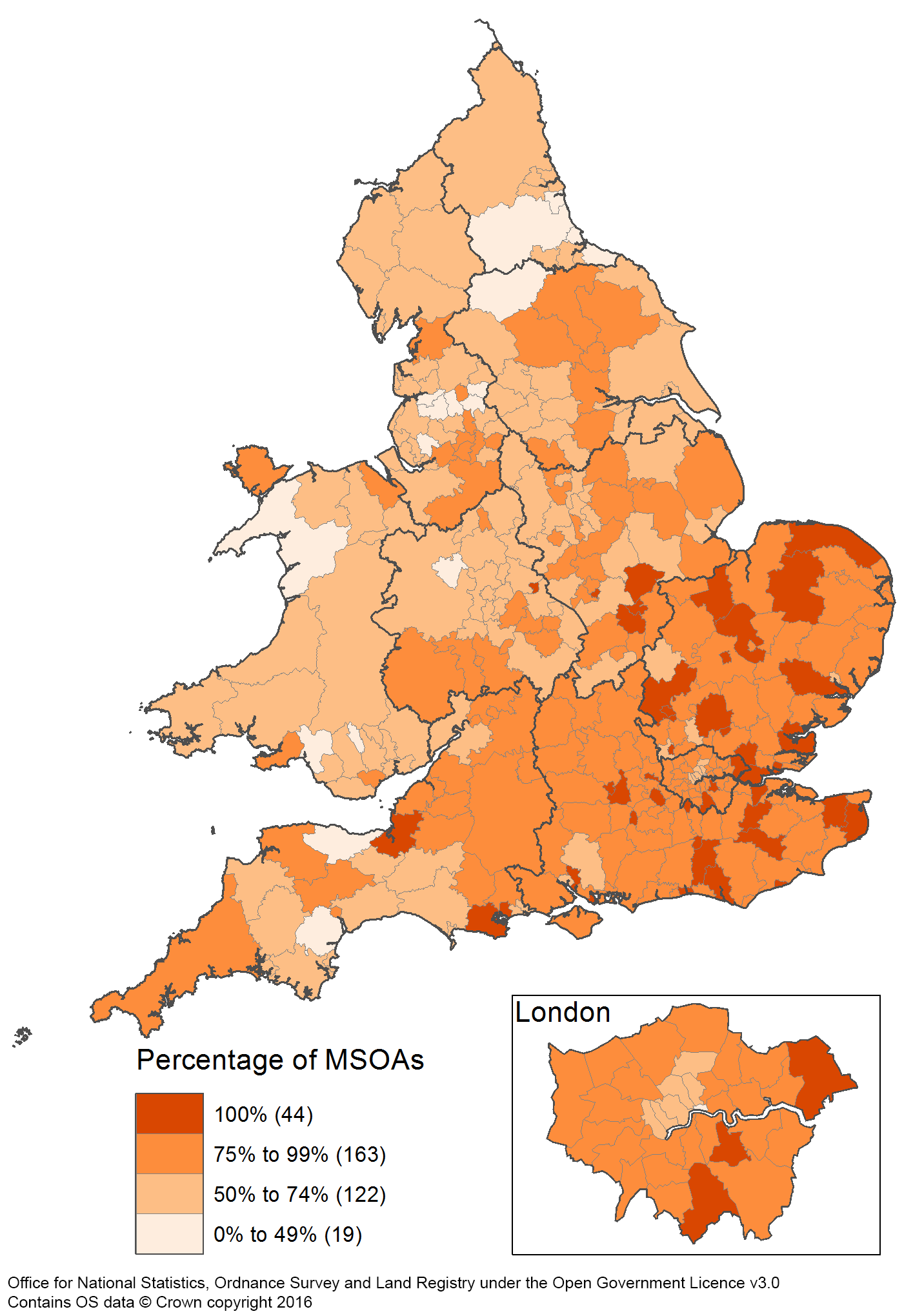 Most local authorities had at least 50% of  MSOAs with an increasing price paid.