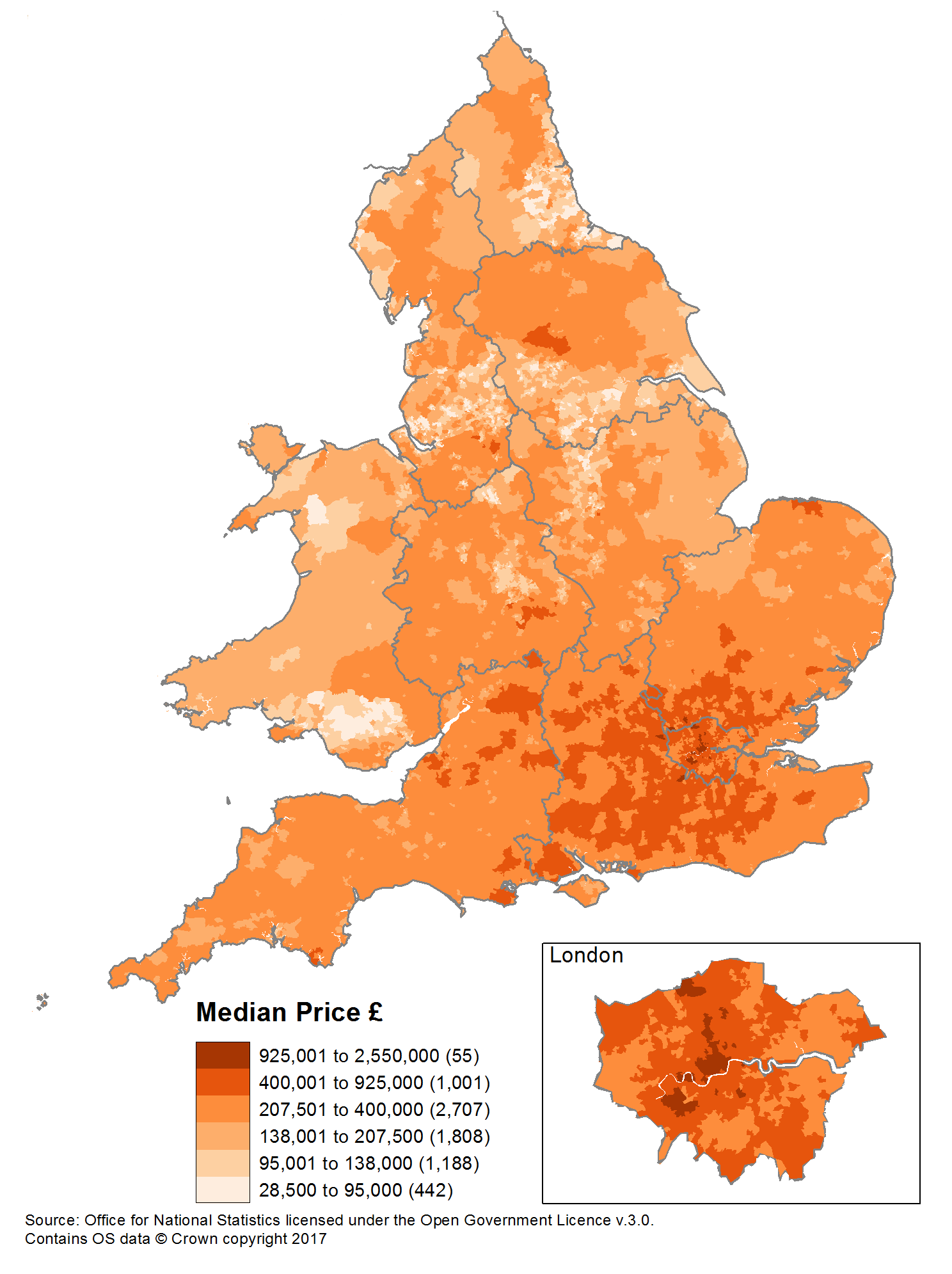 442 neighbourhoods had a median price paid of £95,000 or less, but none of these were in London, the South East or the South West.
