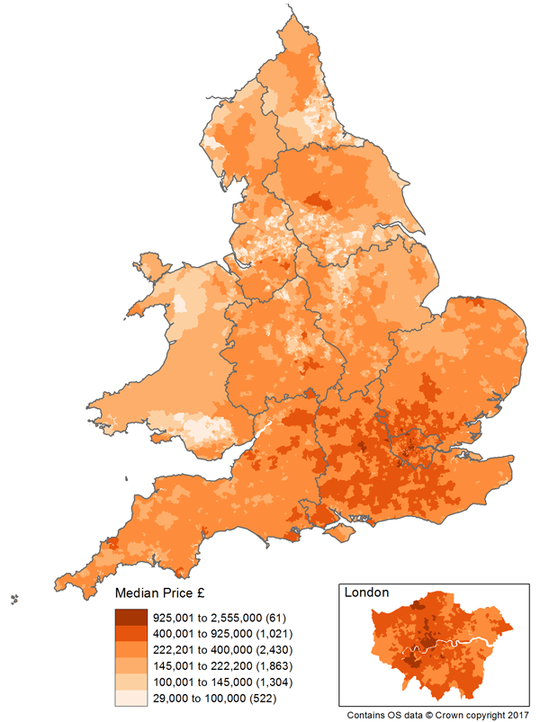 Areas of highest median prices paid were mainly in London and parts of the South East and East of England.