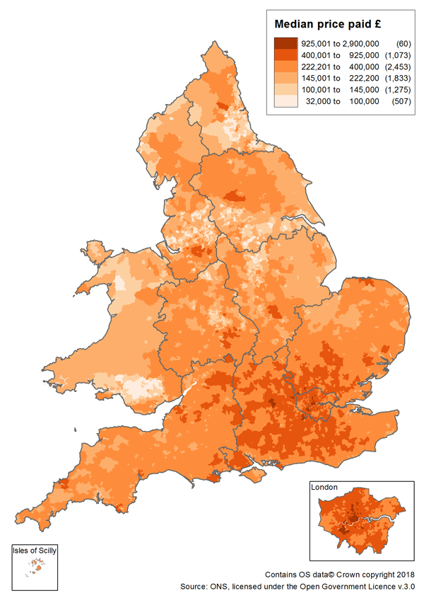Areas of highest median prices paid were mainly in London and parts of the South East and East of England.