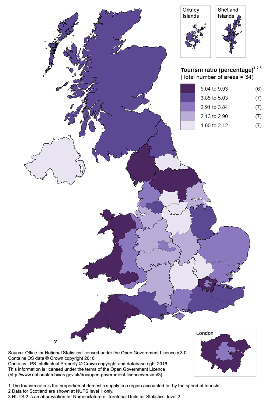 he areas with the highest tourism ratio in the UK were the South West, Cumbria and North Yorkshire in 2013.