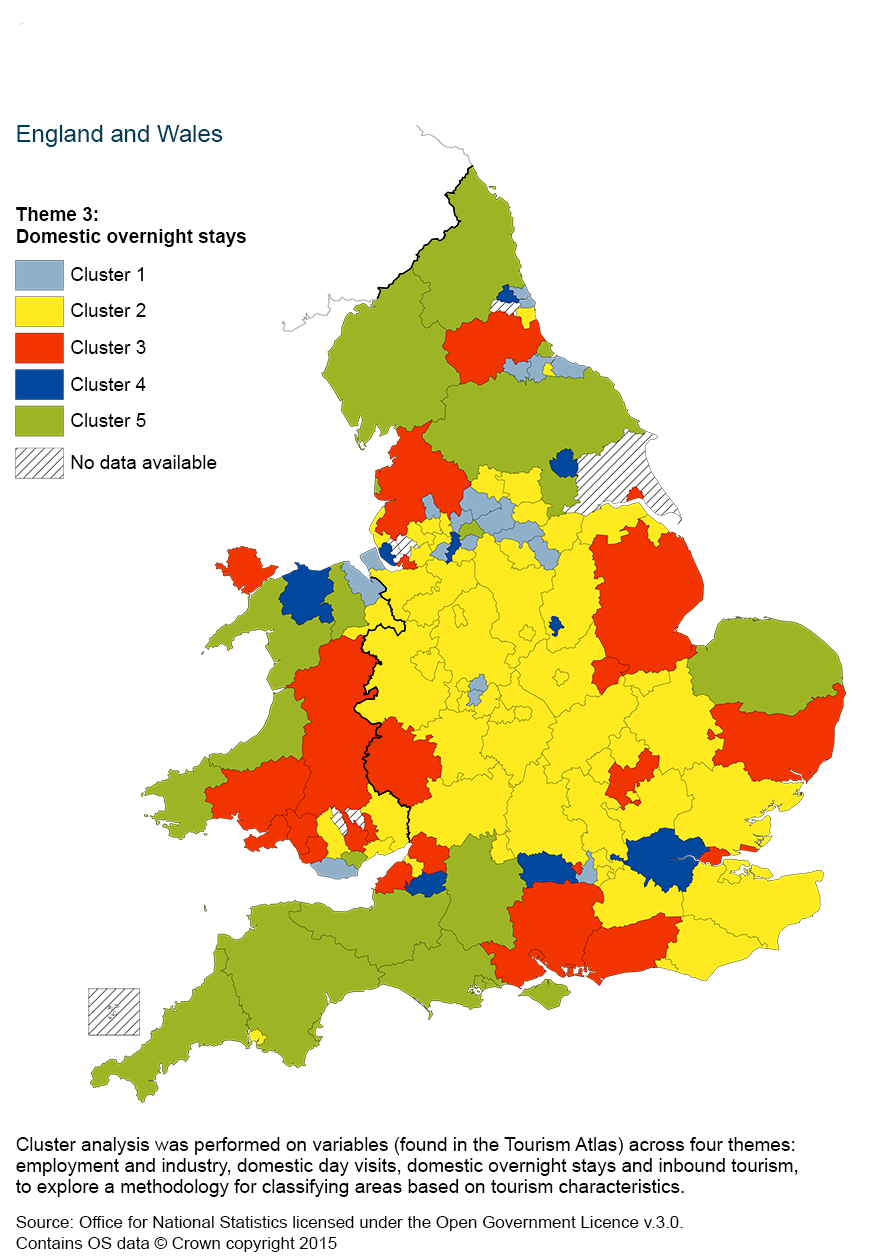 Map 4: Cluster analysis of domestic overnight stays, using a five cluster classification by county and unitary authority, 2011 to 2013