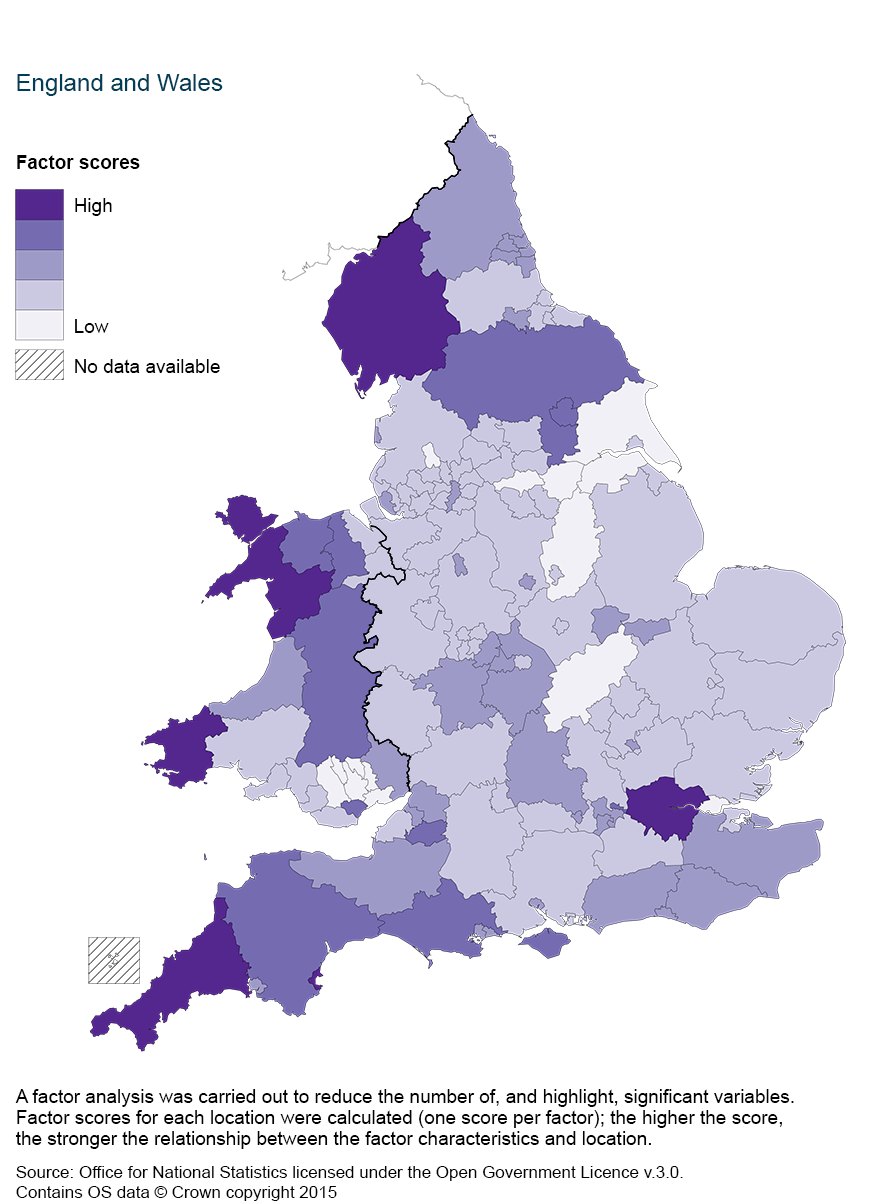 Map 6: Factor Scores of factor one, by county and unitary authority, 2011 to 2013