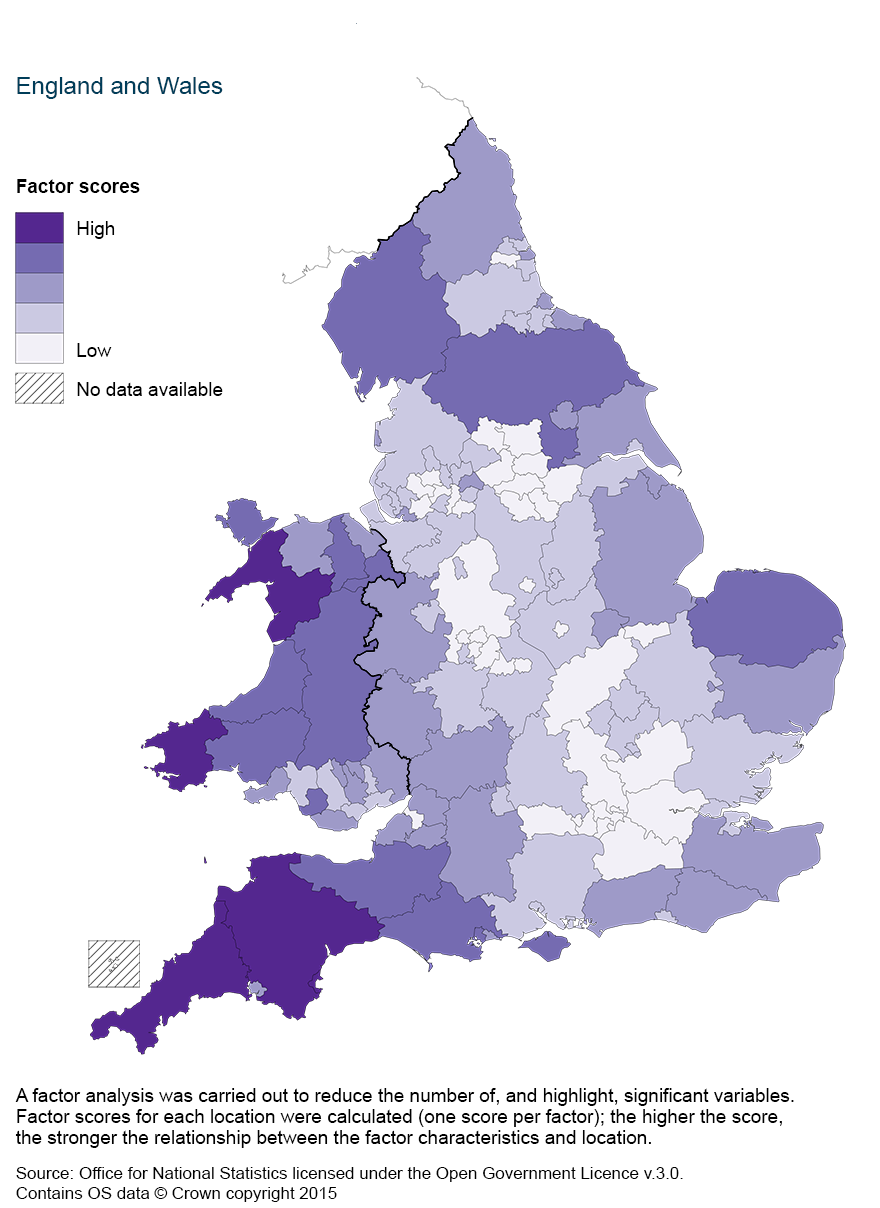 Map 8: Factor scores of factor three, by county and unitary authority, 2011 to 2013