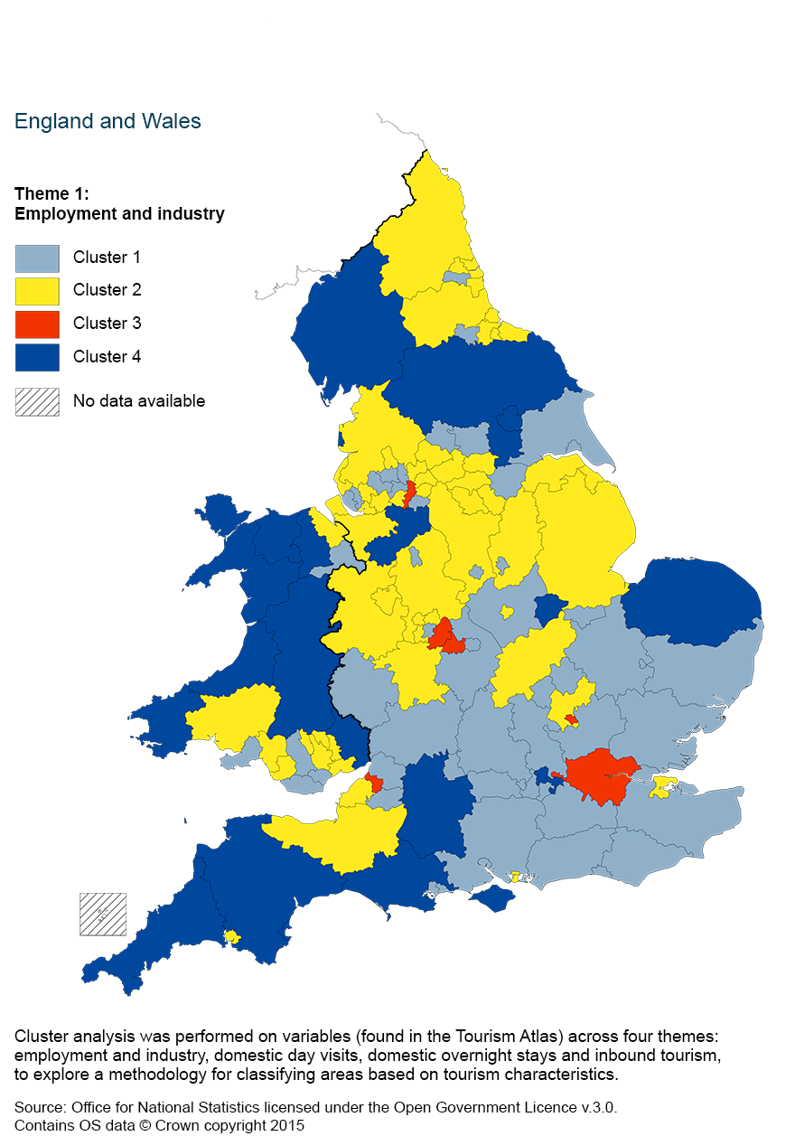 Map 2: Cluster analysis of employment and industry, using a four cluster classification by county and unitary authority, 2011 to 2013