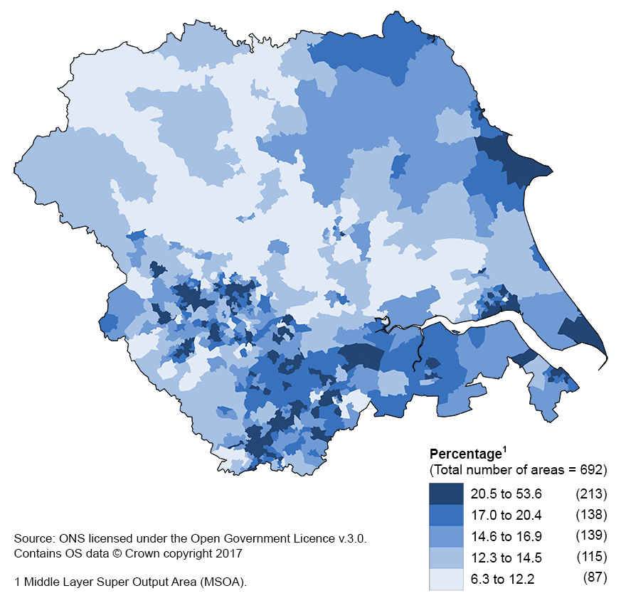 Yorkshire and The Humber contains MSOAs with the most variable percentage of households in poverty before housing costs