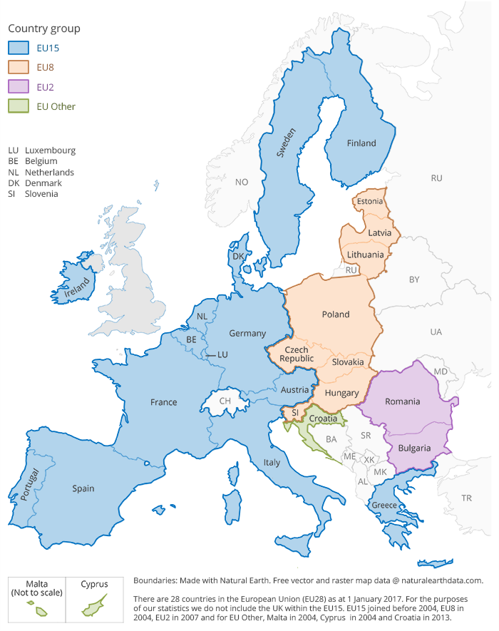 This map shows the EU15, EU8, EU2 and EU other groupings.