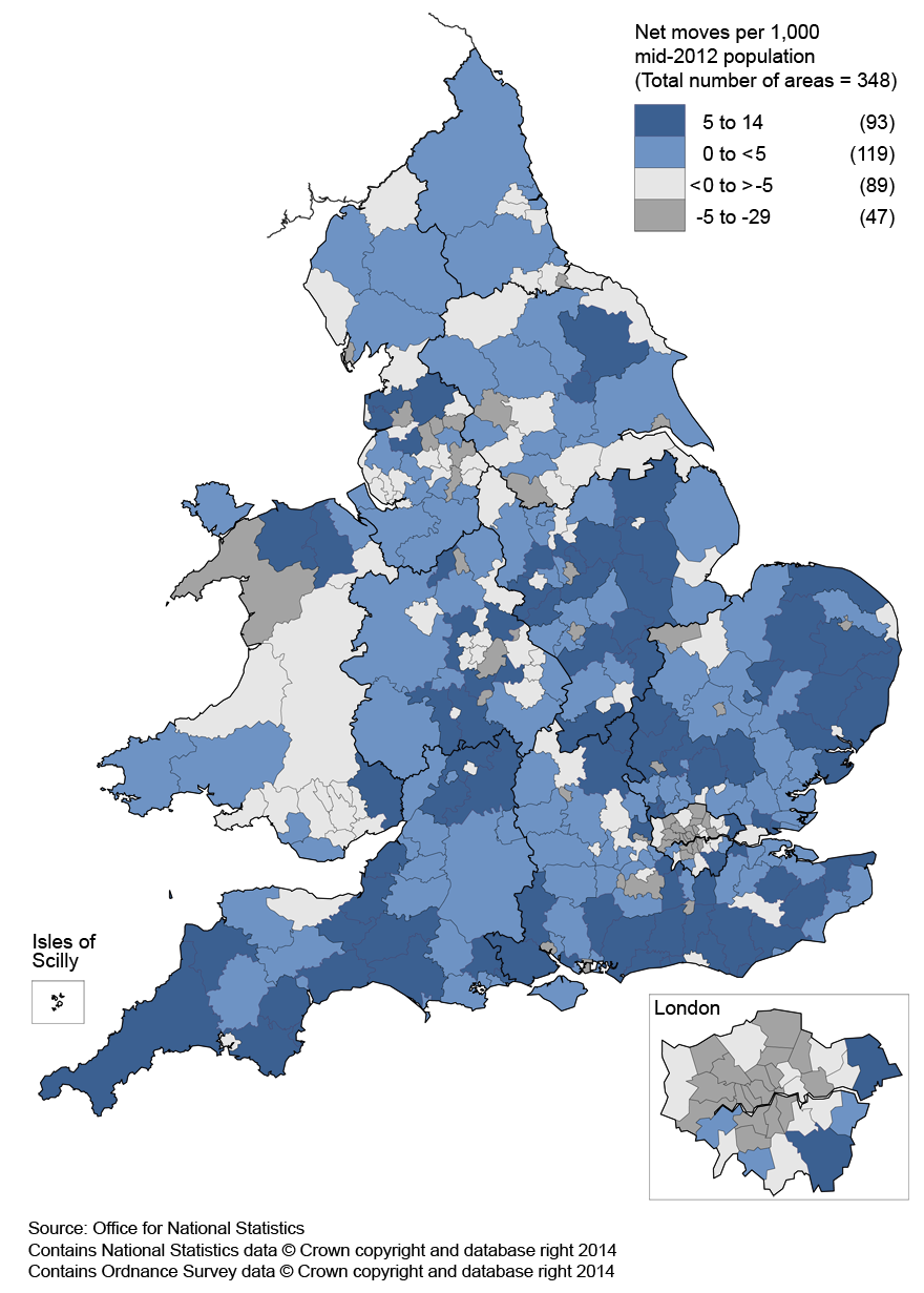 Map 1: Net flows of internal migrants by local authority, year ending June 2013, per 1,000 mid-2012 population, local authorities in England and Wales
