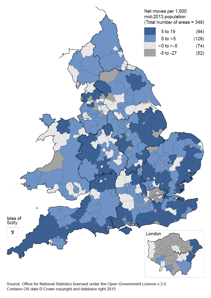 Map 1: Net flows of internal migrants by local authority, year ending June 2014, per 1,000 mid-2013 population, local authorities in England and Wales