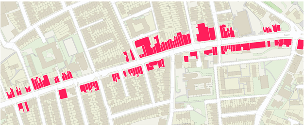 A candidate high street retail cluster visualised using the buildings that the retail addresses are associated with
