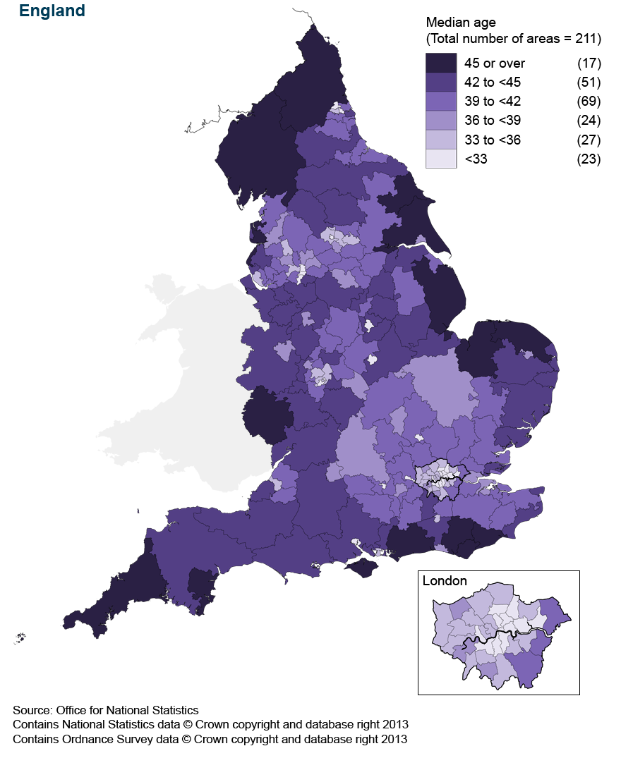 Map 1: Distribution of clinical commissioning groups by median age, mid-2011