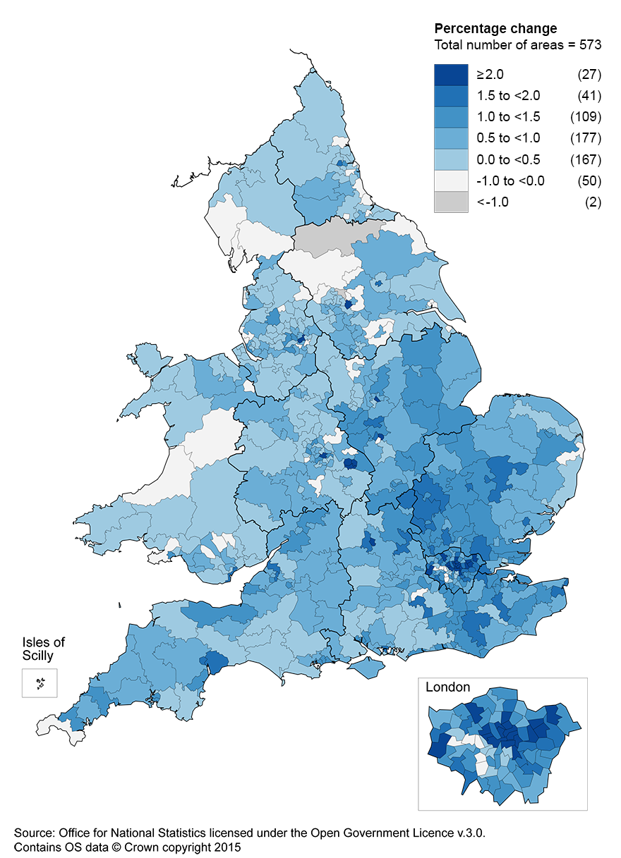 The parliamentary constituency with the greatest increase in population over the one-year period was Poplar and Limehouse in London at 5.3%. Outside of London the greatest increase was Leeds Central at 3.3%" alt="The parliamentary constituency with the greatest increase in population over the one-year period was Poplar and Limehouse in London at 5.3%. Outside of London the greatest increase was Leeds Central at 3.3%