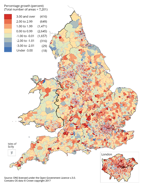 Middle layer Super Output Areas percentage population change mid-2015 to mid-2016