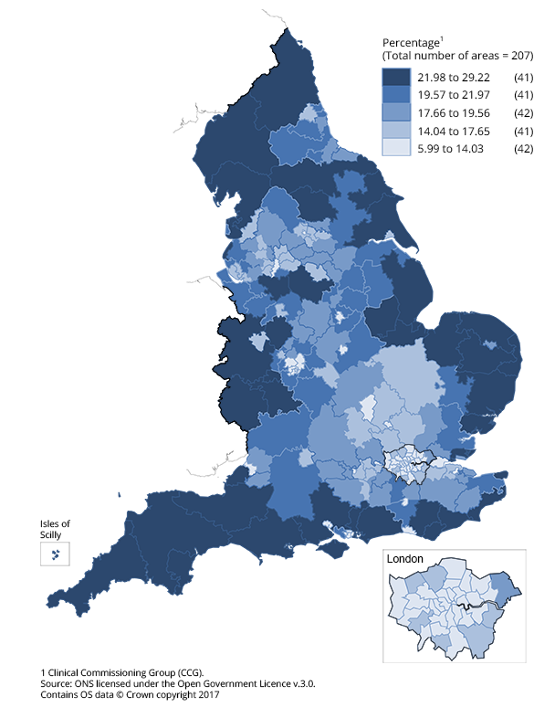 Percentage of population aged 65 or over, by clinical commissioning group for mid-2016