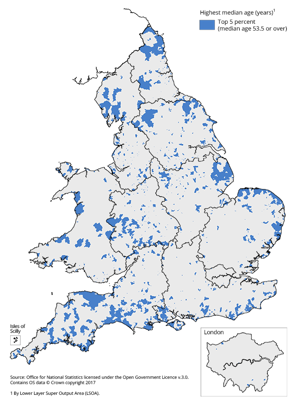 Top 5 % of lower layer Super Output Areas with highest median age 2016