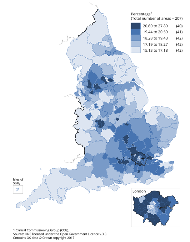 Percentage of population aged 0 to 15, by clinical commissioning group for mid-2016