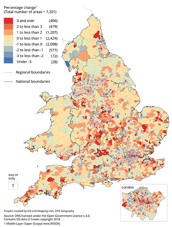 Middle layer Super Output Areas percentage population change mid-2016 to mid-2017.