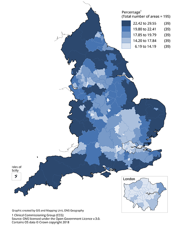 Percentage of population aged 65 years or over, by clinical commissioning group for mid-2017.