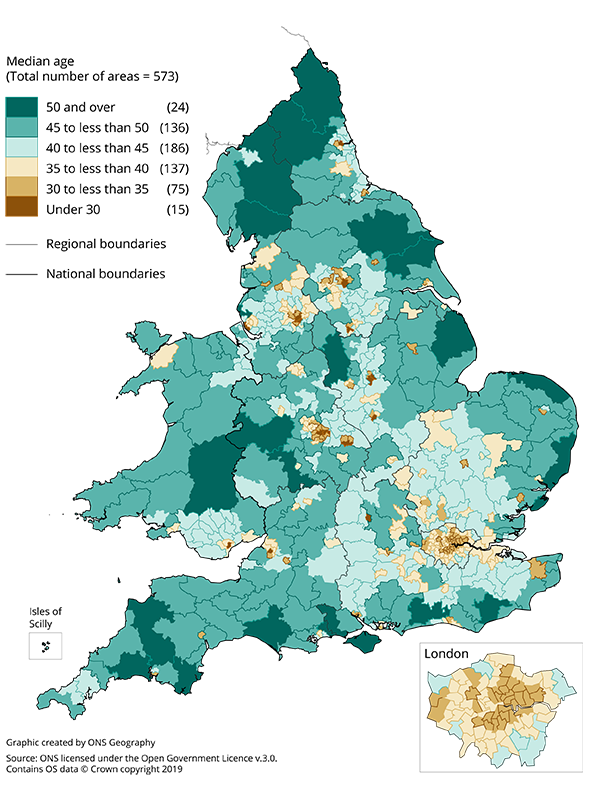 Median age of population by Westminster parliamentary constituency for mid-2018.