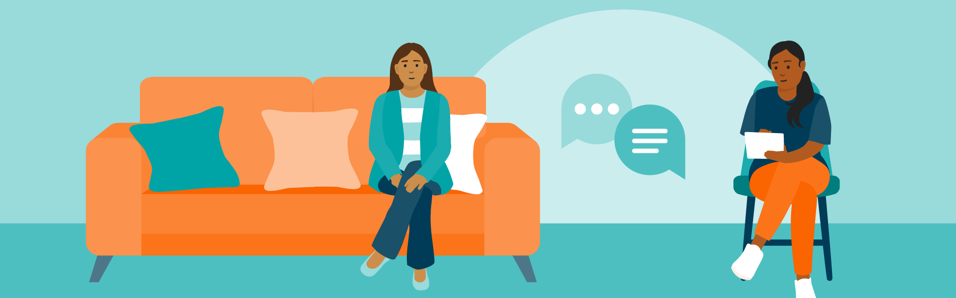 Illustration of a woman on a sofa with a Talking Therapies counsellor taking notes in a chair